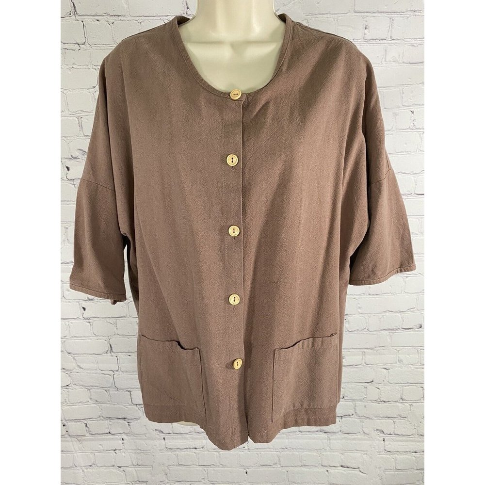 Ecupper Rayon Linen Blend Brown Short Sleeve Button Up Pockets M Medium